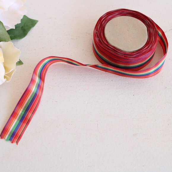 Vintage 1970s Ribbon Trim, Plaid 7/8", 2 Yards, Red Blue Yellow And Green Tartan - Picture 2 of 10